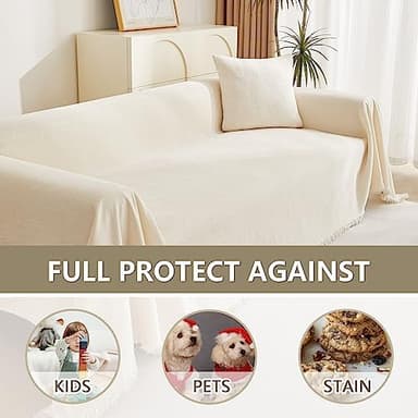 MYSKY HOME Couch Cover 3 Cushion Sofa with Tassel, Chenille Sofa Covers Couch Covers, Slipcovers for Sectional l Shaped Dogs Protector Furniture Covers, 91" X150", Beige - Image 6