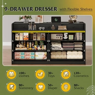 WLIVE 9 Drawer Led Dresser for Bedroom, 58.35'' Black Wood Dresser Storage Organizer with Power Outlets for 65'' TV, Dressers with Open Shelves, Chest of Drawers for Closet, Living Room - Image 4
