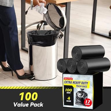 100 Count 17 Micron Extra Heavy Duty 4 Gallon Trash Bags, Sturdy & Tear-Resistant Small Trash Bags for Bathroom & Kitchen - Image 2