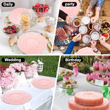 U-QE 60PCS Pink Plates for Party - Pink Plastic Plates Disposable&Reusable - Clear Pink Heavy Duty Plastic Plates for Party Including 30 Plastic Dinner Plates 10" & 30 Plastic Dessert Plates 7" - Image 6