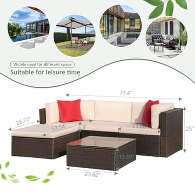 Devoko 5 Pieces Patio Furniture Sets All Weather Outdoor Sectional Patio Sofa Manual Weaving Wicker Rattan Patio Seating Sofas with Cushion and Glass Table(Beige) - Image 9