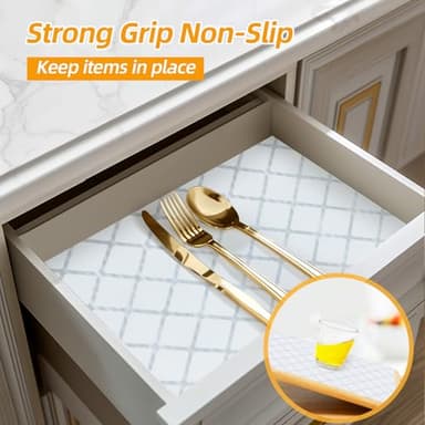 Shinlendid Drawer and Shelf Liner for Kitchen Cabinets, Non-Adhesive Strong Grip Cabinet Liners for Dressers, Durable Waterproof Anti Slip Cupboard Liner, White/Sliver, 23 in x 10 Feet - Image 2
