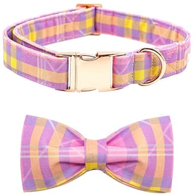 Bobo Rainbow Girl Dog Collar, Pink Plaid Adjustable Dog Bow Collar Girl Pet Collar Bowtie Duarble Dog Collars for Small Medium Large Dog - Image 1