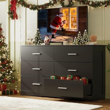 WLIVE Wood Dresser for Bedroom, Black 53'' Wide Chest of Drawers with 6 Drawer, Oak Furniture Large Storage Tower Unit, Closet Store Organizer for Living Room, Hallway, TV Stand, Modern Minimalist - Image 7