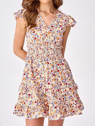 PRETTYGARDEN Casual Summer Dresses for Women 2025 Short Sleeve V Neck Floral Mini Dress Boho Smocked Ruffle Short Sundress(X-Small, White) - Image 4