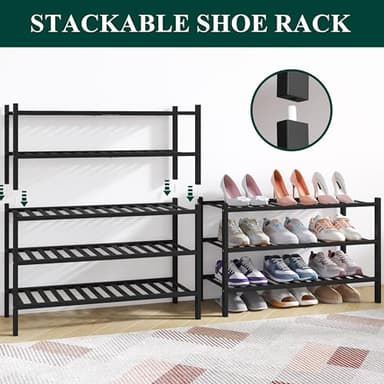 Smiry Bamboo Shoe Rack for Closet, 3 Tier Wooden Stackable Shoe Organizer, Free Standing Shoes Storage Shelf for Entryway, Front Door Entrance, Black - Image 4