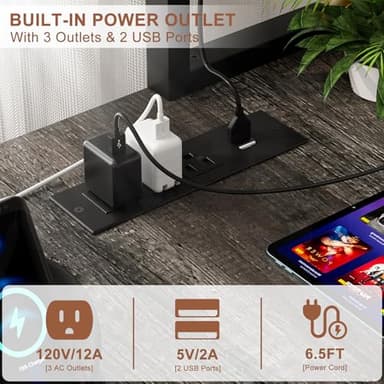 Aheaplus L Shaped Gaming Desk with Power Outlets & LED Lights, Small L- Shaped Desk Computer Corner Desk with Monitor Stand & Storage Shelf, Home Office Desk Writing Desk with Storage Bag, Grey Oak - Image 3