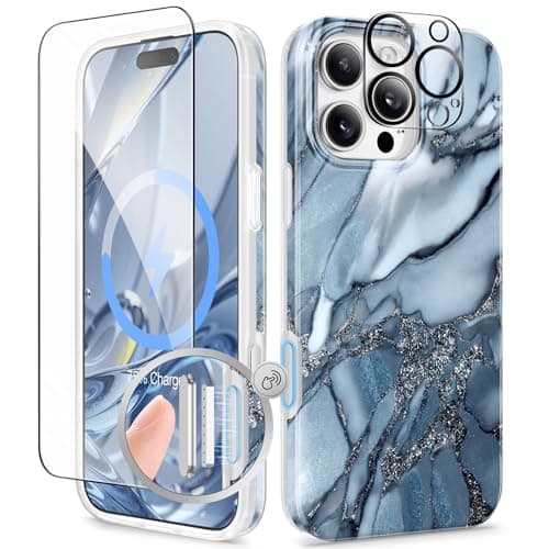 GVIEWIN for iPhone 16 Pro Case Compatible with MagSafe, with Screen & Lens Protectors, Military-Grade Protection Slim Marble Shockproof Magnetic Phone Case for 16 Pro 6.3", Azurite Drift/Blue - Image 1