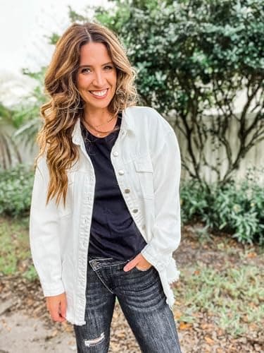 Vetinee Women's Oversized Boyfriend Brilliant White Front Button Up Frayed Raw Hem Long Sleeve Pockets Denim Jean Jacket Shacket 3X-Large Size 24 Size 26 - Image 5