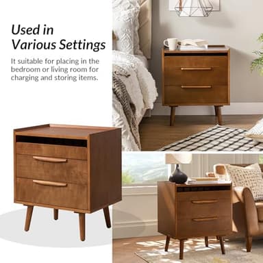 HULALA HOME Nightstand with Charging Station, Mid-Century Modern 2 Drawer and Open Shelf Bedside Tables, Wood Night Stand with USB Ports and Outlets for Bedroom, Acorn - Image 7