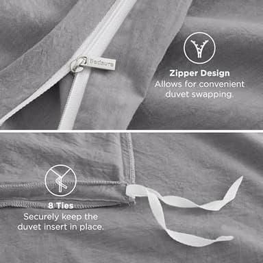 Bedsure 100% Washed Cotton Duvet Cover Queen Size - Gray Minimalist Cotton Duvet Cover Linen Like for All Seasons - GentleSoft™ Plain Simple Bedding (Gray, Queen, 90"x90") - Image 7