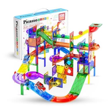 PicassoTiles 108pc 3-in-1 Marble Run Car Race Track Combo Magnetic Tiles PicassoToys Magnet Building Block Educational Construction Toy Playset STEM STEAM Learning Kit Child Brain Development PTG108 - Image 1