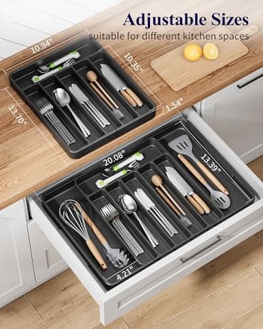 Kitsure Cutlery Drawer Organiser for Kitchen - Adjustable Cutlery Tray for Effortless Utensil Sorting, Versatile Kitchen Storage & Organisation Solution, 13.70" x 1.54" x 10.94"~20.08", Black - Image 6