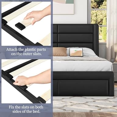 Yaheetech Queen Size Bed Frame with Headboard/2 USB Charging Station/Port for Type A&Type C/3 Storage Drawers/Solid Wood Slat Support/No Box Spring Needed/Black - Image 5
