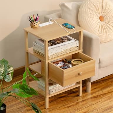 Lerliuo Nightstand Set of 2 with Charging Station and USB Ports, 3-Tier Storage End Table with Drawer Shelf, Night Stand for Small Spaces, Wood Bedside Table for Living Room, Bedroom - Natural Wood - Image 9