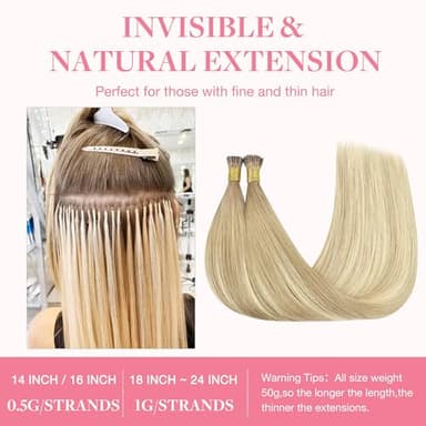 GOO GOO I Tip Hair Extensions Real Human Hair, 22inch 50g 50S, Cold Fusion I Tip Hair Extensions, Invisible Remy Hair Extensions, 18ET90A Natural Blonde Balayage - Image 3