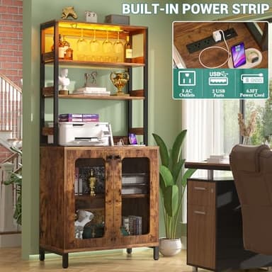 Aheaplus Bar Cabinet with Power Outlets, 67" Tall Wine Bar Liquor Cabinet with LED Lights & Glass Holder, Coffee Bars Station for Living Room, Microwave Stand Bakers Rack Cabinets, Rustic Brown - Image 4