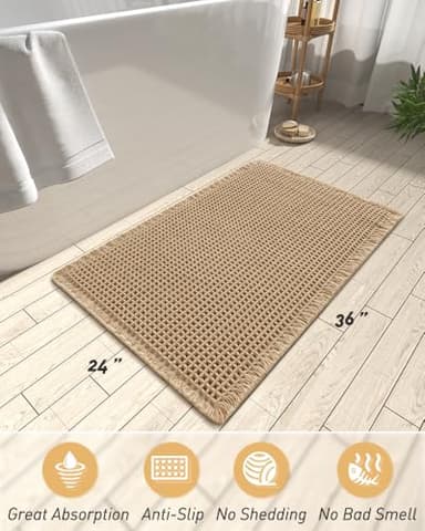 AMOAMI Upgraded Waffle Bath Mat, Super Absorbent Non Slip Bath Mats for Bathroom Floor, Machine Washable Bathroom Rugs with Tassels, Rubber Backed Bathroom Mat, Ultra Soft, Brown, 24" x 36" - Image 2