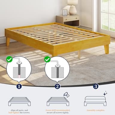 Yaheetech Full Bed Frame Natural Solid Wood Platform Bed with Wooden Slats Support, 12-inch Underbed Space for Storage, Noise-Free Design, Easy Assembly, Natural Wood Finish - Image 4