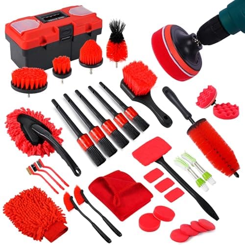 MIANYINGR 35Pcs Car Detailing Kit, Car Cleaning Kit with Windshield Cleaning Tool and Tool Box, Interior & Exterior Auto Care Supplies and Brushes (B：35PCS-R) - Image 1
