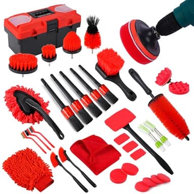 MIANYINGR 35Pcs Car Detailing Kit, Car Cleaning Kit with Windshield Cleaning Tool and Tool Box, Interior & Exterior Auto Care Supplies and Brushes (B：35PCS-R) - Image 1