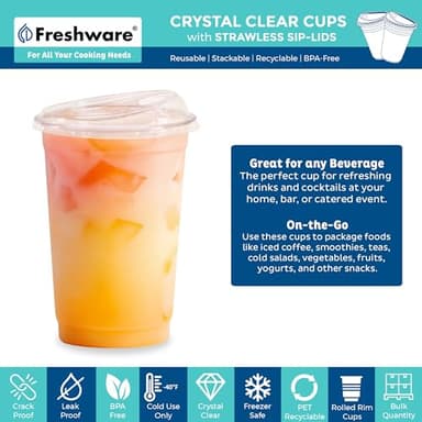 Freshware Clear Plastic Cups with Strawless Sip Lids [100 Cups - 16 oz] Disposable Tumblers for Iced Coffee, Smoothie, Milkshake, Cold Drinks - Image 2