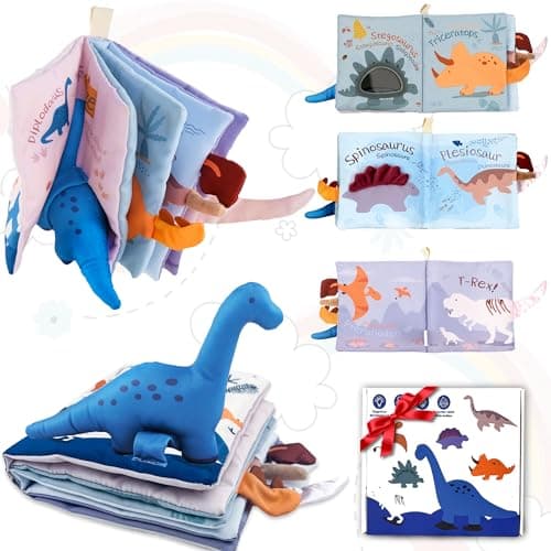 Richgv Baby Books Toys 0-6-12 Months, Baby Boy Gifts Touch and Feel Crinkle Books with Dino Doll, Newborn Infant Carseat Toys 6-9-12 Months Shower Gifts Easter Basket Stuffers - Image 1