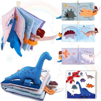 Richgv Baby Books Toys 0-6-12 Months, Baby Boy Gifts Touch and Feel Crinkle Books with Dino Doll, Newborn Infant Carseat Toys 6-9-12 Months Shower Gifts Easter Basket Stuffers - Image 1