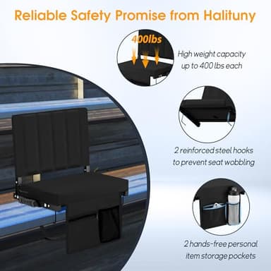 Halituny Stadium Seat for Bleachers with Back Support 2 Pack, Portable Bleacher Seat with Comfy Padded Cushion, Metal Hook, Folding Stadium Chair with Shoulder Strap, Carry Handle, Cup Holder, Black - Image 6
