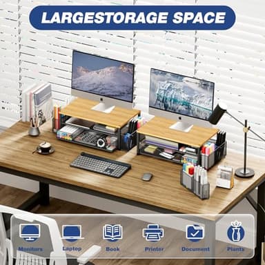 OPNICE Desk Organizers and Accessories, 2-Tier Computer Monitor Stand with Drawer and 2 Pen Holders, Laptop Stand, Office Desk Accessories for Office Supplies, Oak - Image 4