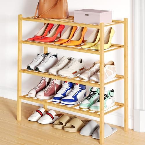 Smiry Shoe Rack, 4 Tier Bamboo Shoe Organizer, Stackable Free Standing Wooden Shoe Storage Shelf for Closet, Entryway, Front Door Entrance, Natural - Image 1