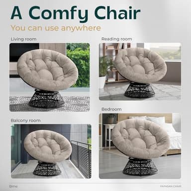 Bme 40" Ergonomic Wicker Papasan Chair with Soft Thick Density Fabric Cushion, High Capacity Steel Frame, 360 Degree Swivel for Living, Bedroom, Reading Room, Lounge, Silver Cloud - Black Base - Image 7