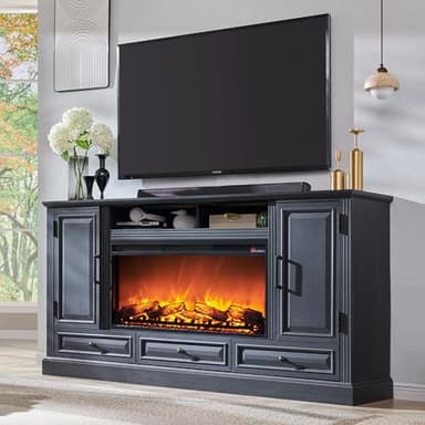 ACCOHOHO Fireplace TV Stand for 80 Inch TV, 35.7" Tall Farmhouse Entertainment Center W/36'' Electric Fireplace, Media Console with Large Storage Cabinets and Drawers for Living Room, Black - Image 1