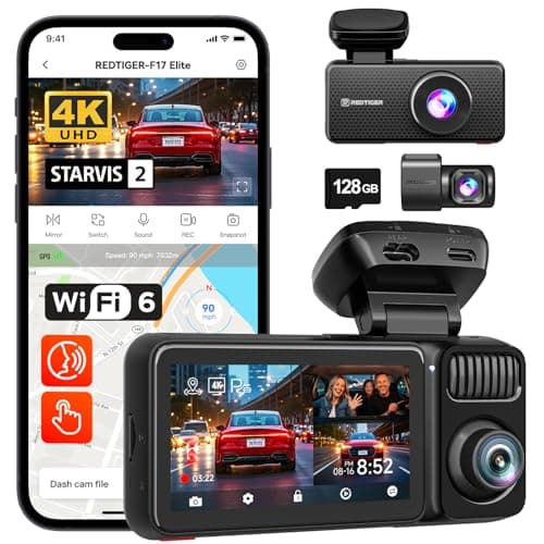 REDTIGER F17 Elite 4K 3 Channel Dash Cam, STARVIS 2 IMX678 & IMX675, 128GB Card, Full Night Color, 4K+2.5K+1080P Front and Rear Inside, Touch Screen, Voice Control, 5GHz WiFi 6, GPS, HDR, Parking Mode