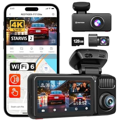 REDTIGER F17 Elite 4K 3 Channel Dash Cam, STARVIS 2 IMX678 & IMX675, 128GB Card, Full Night Color, 4K+2.5K+1080P Front and Rear Inside, Touch Screen, Voice Control, 5GHz WiFi 6, GPS, HDR, Parking Mode