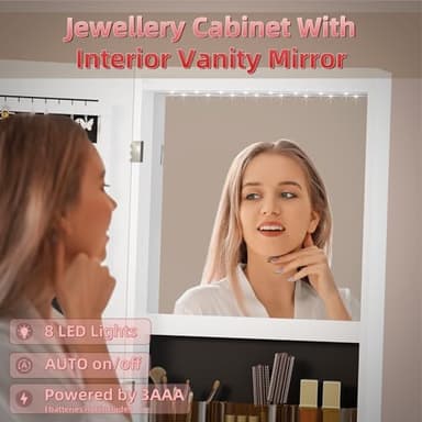 BTDWI 65’’ Jewelry Mirror Cabinet with Wheels, 360° Swivel Jewelry Armoire Floor Standing with Interior Led Mirror & Rear Storage Shelves, White - Image 4