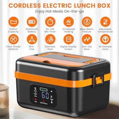 AERKINE Electric Lunch Box For Adults - Heated Lunch Box For Men Women Insulated & Self Heating, Battery Powered Food Warmers With Containers, Cordless Rechargeable Lunch box For Drivers(Orange) - Image 3