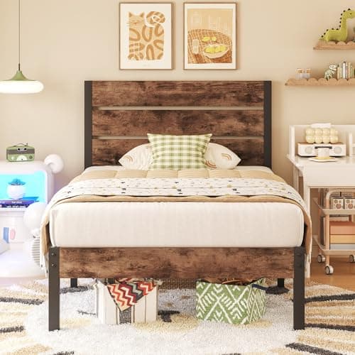 Fluest Twin Bed Frame with Headboard and Footboard, Metal Twin Bed Frame with Under Bed Storage, All-Metal Support System, No Box Spring Needed, Easy Assembly,Rustic Brown - Image 1