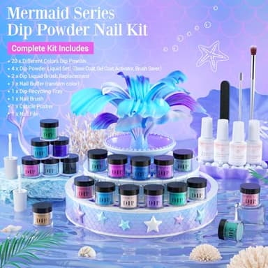 AZUREBEAUTY 31 Pcs Dip Powder Nail Kit Starter 20 Colors Glitter Nude Green Mermaid Serie Dip Powders Liquid Set with Base Top Coat Activator French Nails Art Manicure DIY Salon Christmas Gift - Image 4
