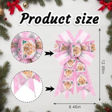 Blinket 2pcs Christmas Bows for Wreath, 8.46 inch 12.99 inch Pink and White Stripe With Gingerbread House Design, Wired Craft for Holiday Tree Topper, Front Door, and Indoor Decor - Image 2