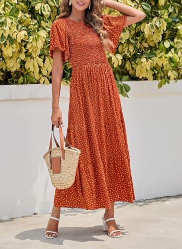 ZESICA Women's 2025 Summer Casual Floral Print Short Flutter Sleeve Crew Neck Smocked High Waist Flowy Maxi Dress,Caramel,Large - Image 2