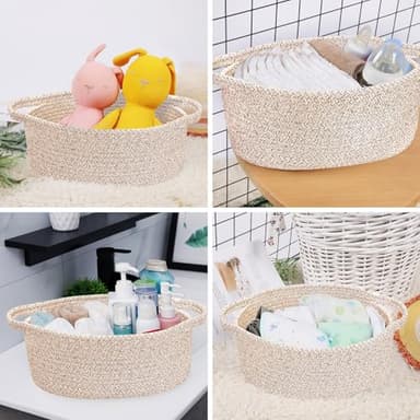 ABenkle Small Woven Basket 12"x 8"x 5" - Rope Room Shelf Storage, Cat Dog Toys Chest Box, Decorative Empty Gift With Handles - All Mixed Brown - Image 4