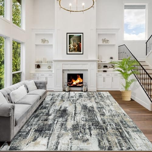 8x10 Area Rugs Washable Rug: Large Modern Abstract Living Room Rug Soft Anti-Skid Thin Carpet Indoor Floor Non-Shedding Carpets for Bedroom Dining Farmhouse Nursery Home Office Black Grey Gold - Image 1