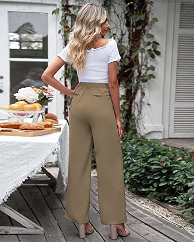 GRAPENT Womens Flowy Pants Womens Wide Leg Trousers Elastic Summer Pants Women Flowy Dress Pants Old Money Clothes Women Business Casual Brown Trousers Color Khaki Size Large Size 12 Size 14 - Image 8