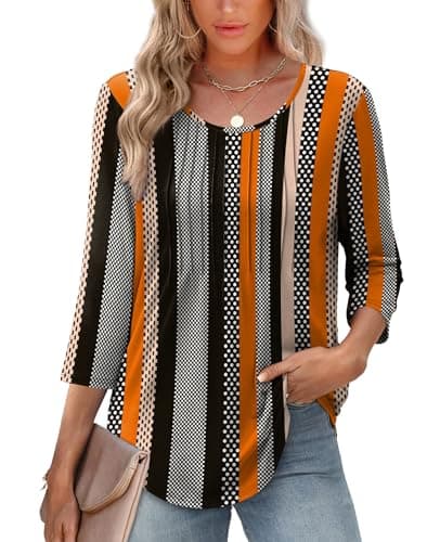 XIEERDUO 3/4 Length Sleeve Womens Tops Summer Pleated Business Casual Outfits Work Blouse Shirts for Women Clothing Fall Fashion Clothing Outfits Beach Vacation Essentials Clothes F-Striped Dots S - Image 1