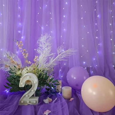 Purple Backdrop Curtains with Lights String for Wedding Birthday Party 10ft×10ft Sheer Tulle Backdrop Curtain for Bridal Shower Baby Shower Photo Shoot Background Wall Decorations 2 Panels 5×10ft - Image 5