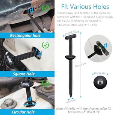 Upgraded Nylon Universal Cable Tie Buckles, Nylon Zip Ties Holders Kit[100+100Pcs Pin & Button], Automotive Zipper Clips Self-Locking T Rivet Zipties for Car Fender Trunk Bumper Repair, Home & Garage - Image 3