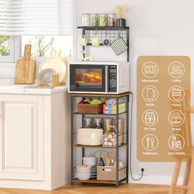 5 Tier Coffee Bar Station, Kitchen Stand with 4 S-Shaped Hooks, Farmhouse Corner Coffee Bar Cabinet for Small Spaces, Bakers Rack for Kitchen, Entryway, Living Room, 13.43" D x 18.93" W x 53.31" H - Image 5