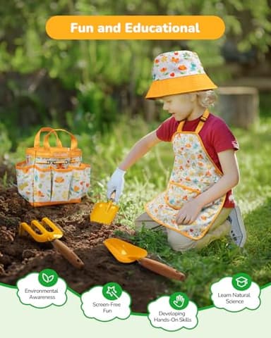 Grenebo Kids Gardening Set Toys,Includes Metal Trowel,Transplanting Shovel,Garden hat,Rake,Apron,Gloves,Watering Can,and Tool Organizer Bag (Yellow) - Image 4