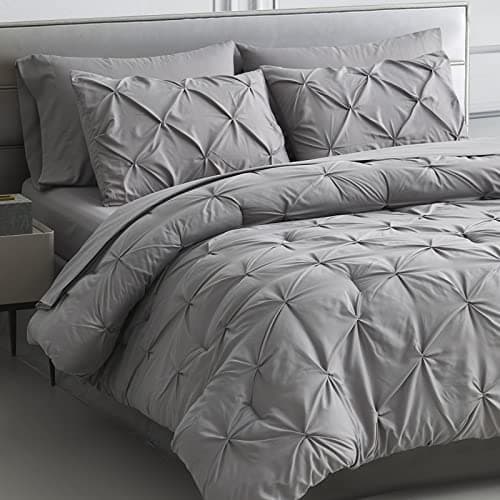 Maple&Stone Queen Comforter Set - 7 Pieces Pintuck Bed in A Bag Queen Pleat Pinch - Comforters Queen Size - Comforter Set with Flat Sheet, Fitted Sheet and Pillowcases & Shams, Grey - Image 1